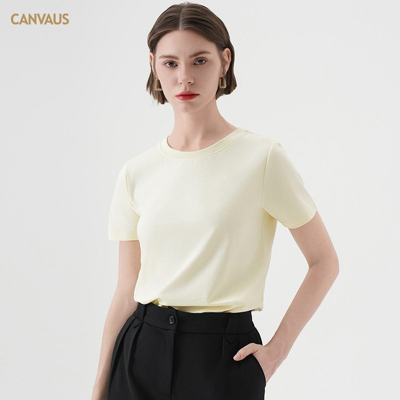 CANVAUS韩版白色短袖T恤女圆领夏季新款百搭纯色简约黑色打底上衣