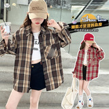 女童格子衬衫2025秋季新款翻领polo衫中大童薄款外套百搭上衣儿童，童装衬衫，祺儿童装