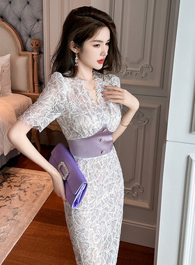 2025夏季新款女装名媛温柔风气质V领收腰显瘦蕾丝短袖连衣裙20358