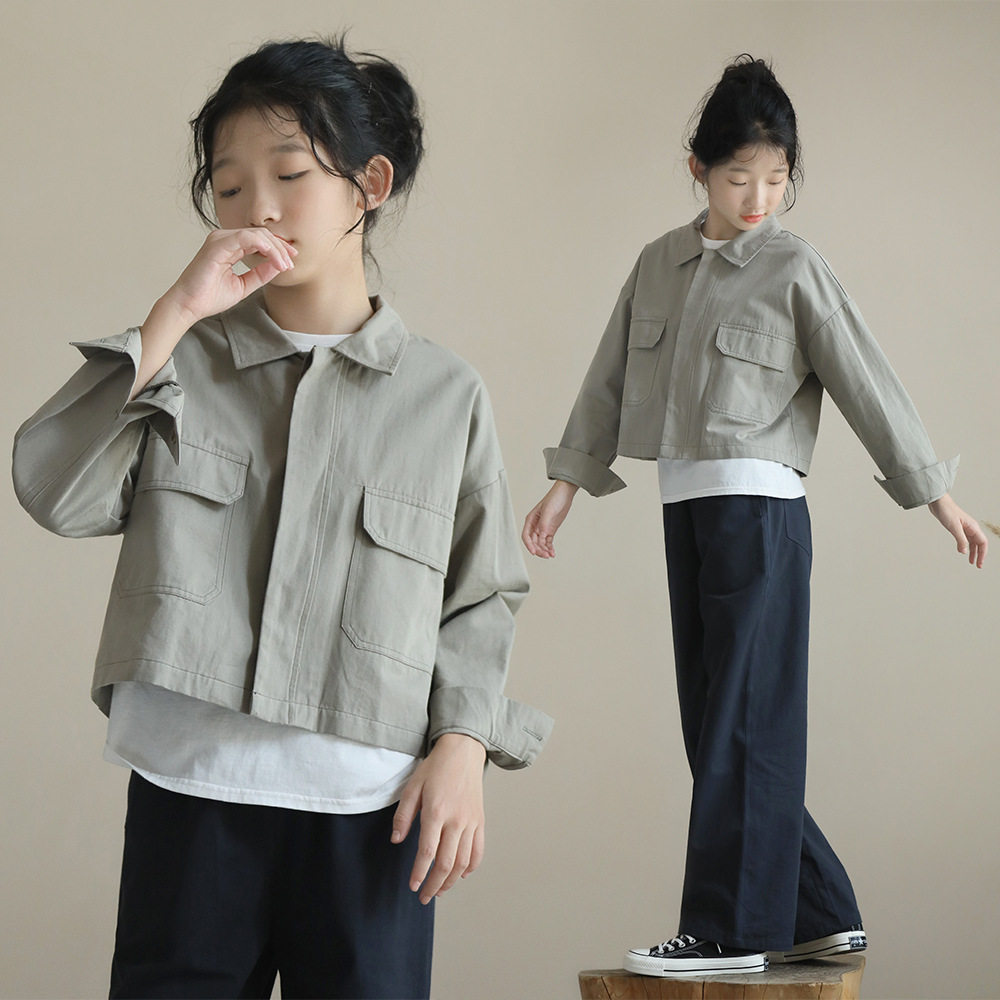 春秋外套短装上衣儿童夹克衫2023新款简约中性风女童设计感休闲潮