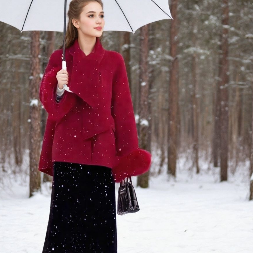 气质法式设计感2025女冬季新款围巾领短款高级大码毛呢羽绒大衣潮