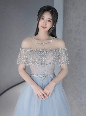 2026超仙蓝色一字肩网纱蓬蓬裙级大气晚礼服名媛生日聚会成人礼