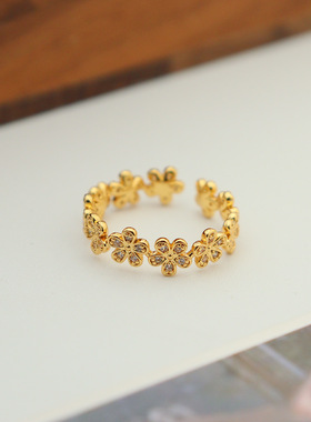 新款时尚精致锆石花朵戒指女小众设计气质百搭复古开口戒子指环