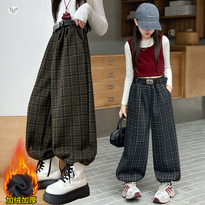 女童2025冬季新款复古格子束脚裤送腰带女大童户外加绒加厚阔腿裤，童装裤子，祺儿童装