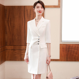 主持人主播职业西装连衣裙女高级感正式场合正装白色美容院工作服