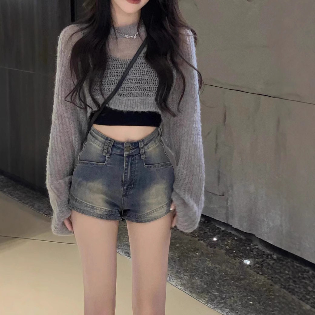 做旧复古牛仔裤女装夏季美式辣妹热裤阔腿超短裤腰直筒a字裤子