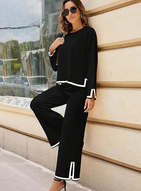 Women 2 Piece Sets Tracksuits Knit Sweater Top Wide Leg Pant