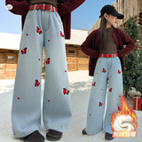 女童卡通刺绣牛仔裤2025年秋冬加绒新款中大童休闲阔腿裤直筒长裤，童装裤子，祺儿童装