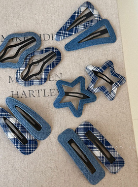 韩国蓝色牛仔格纹发夹女侧边刘海夹子头饰发卡时尚碎发BB夹边夹