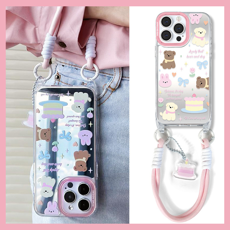 短绳手提镜面手机苹果ins小熊16