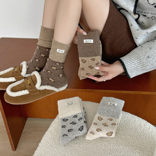 韩系egg布标豹纹羊毛袜秋冬加厚保暖撞色中筒堆堆袜女百搭日系潮