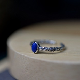 纯银青金石戒指女士小众高级感轻奢设计开口可调节椭圆小巧百搭款