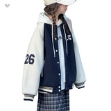 女童2025秋冬新款字母刺绣夹棉拼色棒球服外套女大童户外加绒加厚，童装外套，祺儿童装