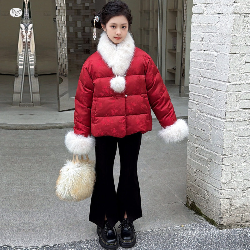 女童2025年冬季新款风珍珠盘扣棉衣女大童新年红迎新春面包棉服，童装棉衣，祺儿童装