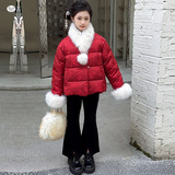 女童2025年冬季新款风珍珠盘扣棉衣女大童新年红迎新春面包棉服，童装棉衣，祺儿童装