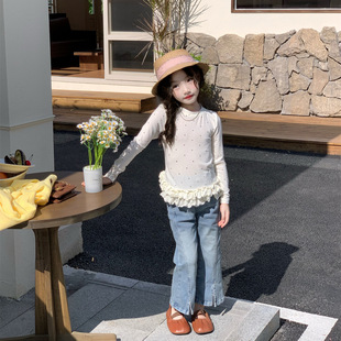 2026春季新款女童卡通毛线开衫圆点打底衫脚口开叉牛仔裤子春装韩