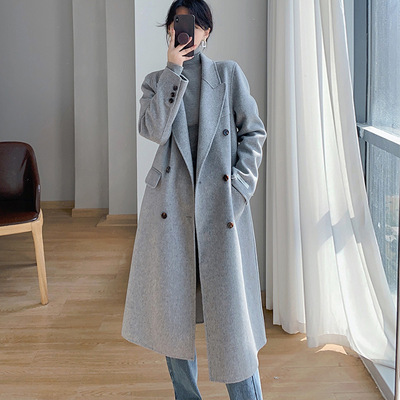 灰色双面羊绒大衣女中长款2025年新款正肩小个子双面呢毛呢外套冬