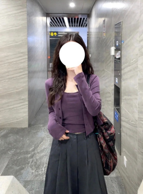 韩系辣妹紫色吊带背心针织开衫女早秋小众百搭短款修身上衣两件套