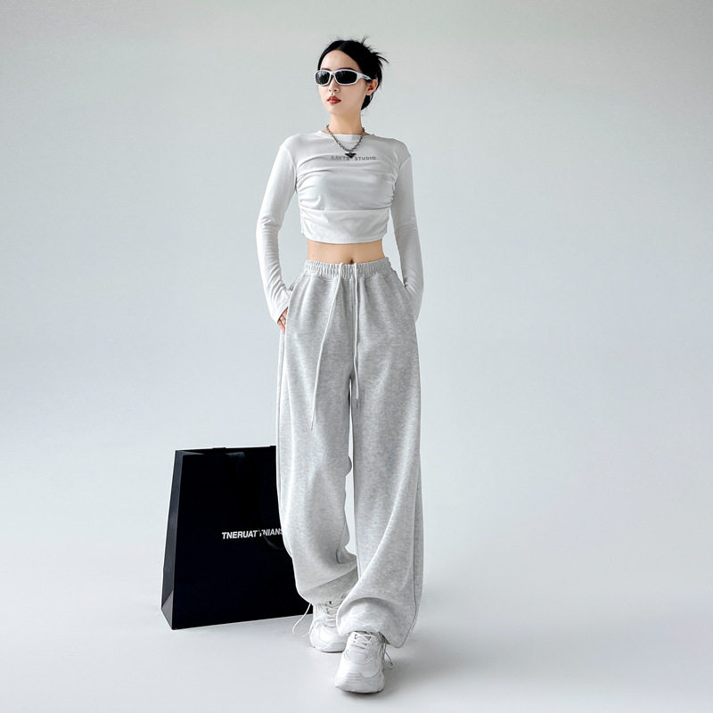 美式运动裤女2025新款春秋款腰显瘦阔腿裤休闲直筒裤束脚裤卫裤