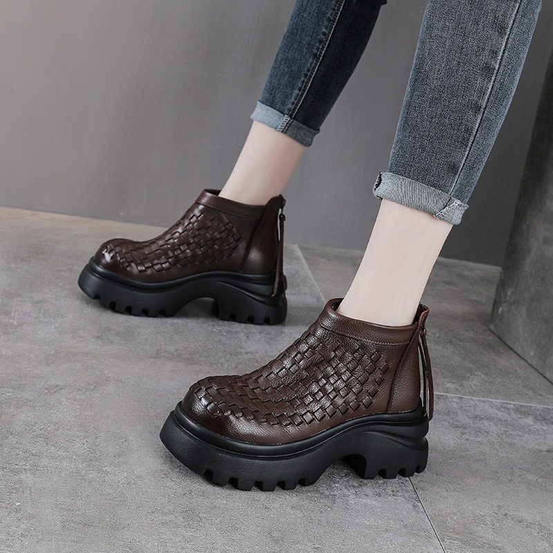 头层牛皮短靴女秋冬季复古松糕厚底小个子增高编织休闲真皮马丁靴