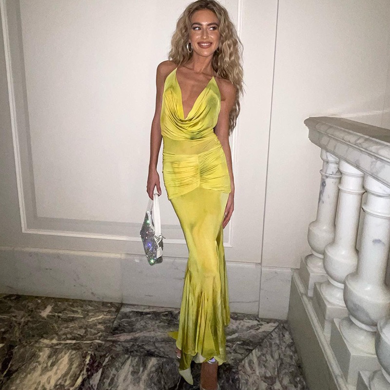 深V印花长款荷叶连衣裙 deep v neck sleeveless backless dress