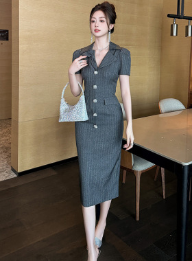 2025夏季新款法式复古风气质翻领排扣西装条纹包臀连衣裙50995