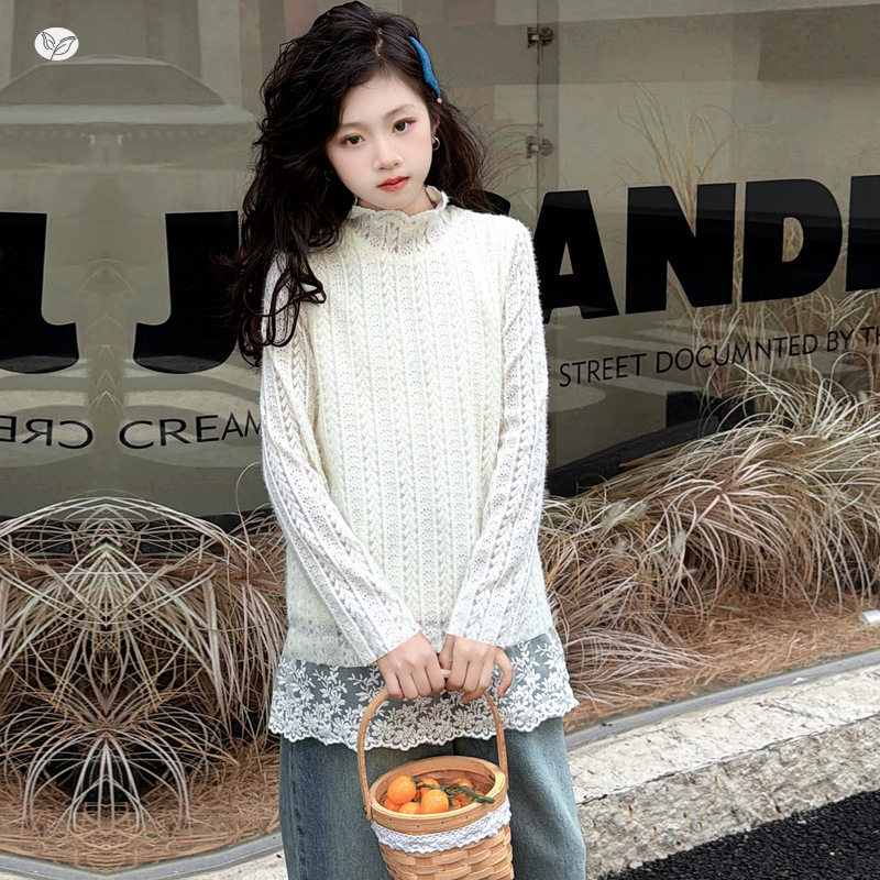 女童2025年秋冬新款下摆蕾丝加绒打底衫女大童纯色半领御寒毛衣，童装外套，祺儿童装