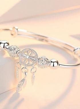 韩昕燕08捕梦网999纯银手镯女 银手环流苏链坠森系小清新手饰品