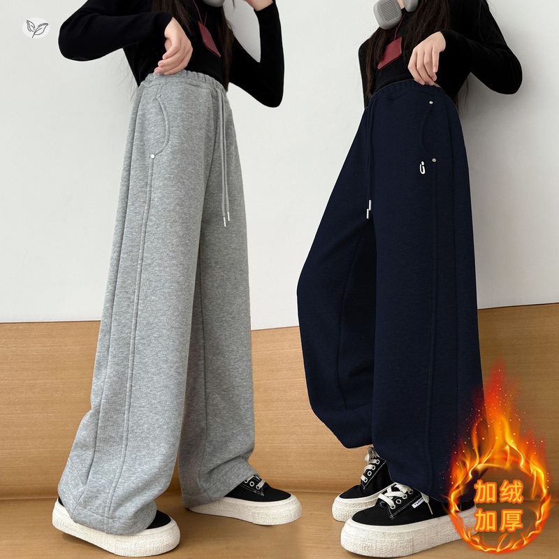 女童2025冬季新款休闲加绒加厚针织卫裤女大童户外保暖阔腿休闲裤，童装裤子，祺儿童装