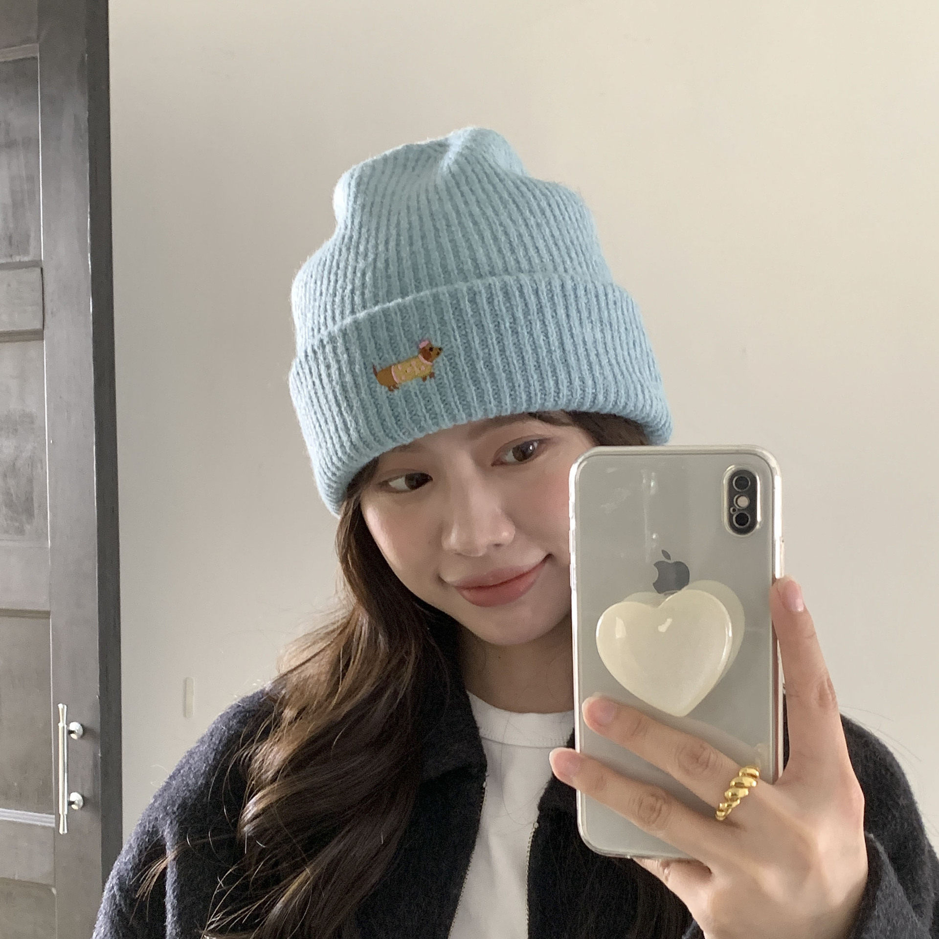 韩系可爱腊肠狗刺绣针织毛线帽女秋冬显脸小帽子保暖包头冷帽防寒