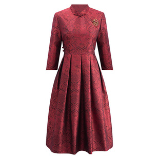 晓曼中国风女装秋冬新款复古新中式过年轻妈妈喜气红色旗袍连衣裙