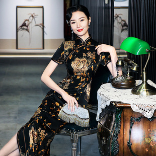 黑色牡丹桑蚕丝真丝旗袍中式连衣裙送考宴席日常可穿