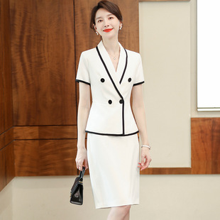 职业套装裙新款女夏季时尚白色镶边西装气质美容院酒店经理工作服