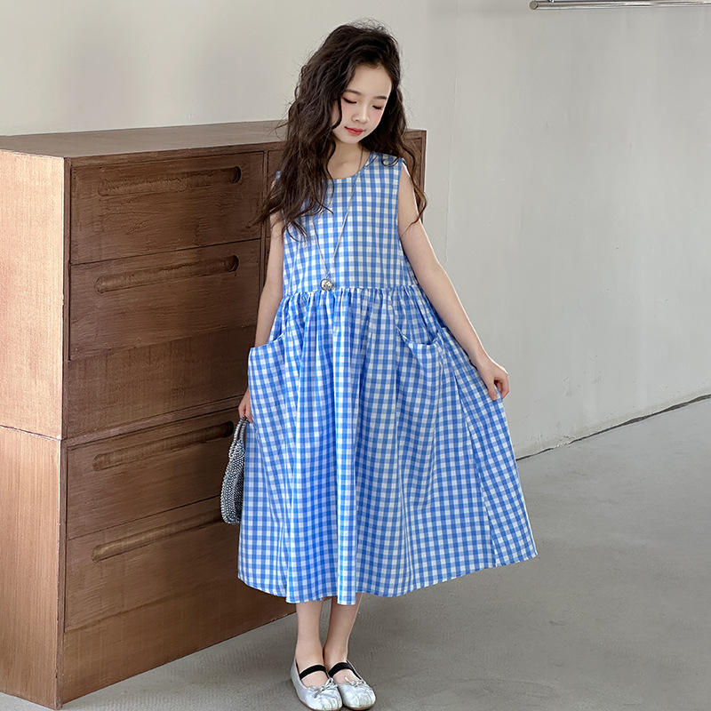 女童夏季无袖格子连衣裙2025新款女大童夏季背心裙儿童夏天棉布裙，童装连衣裙，祺妙童装