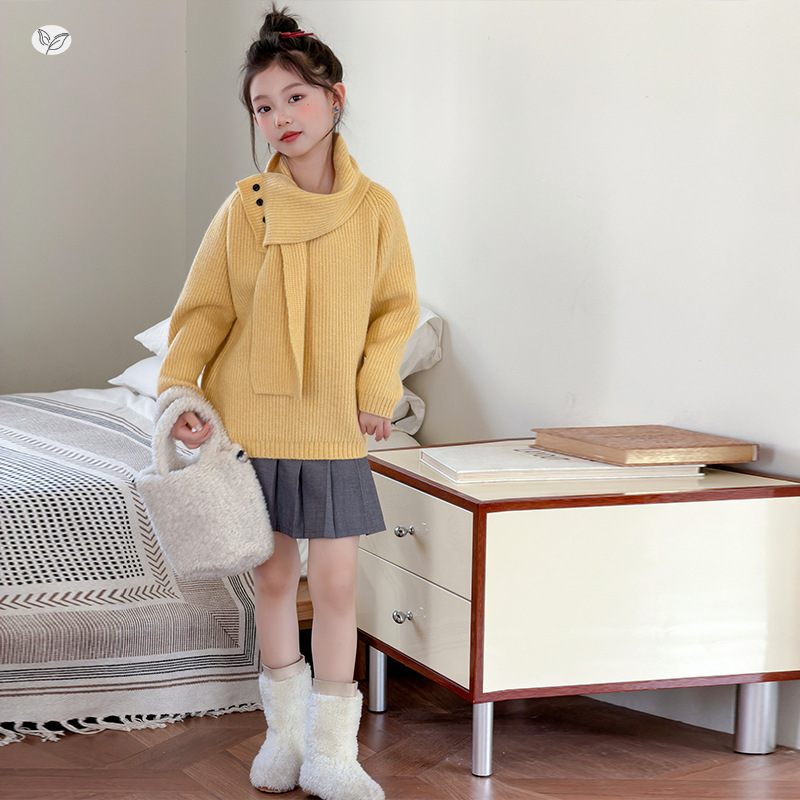女童加厚毛衣2025年秋冬新款中大童韩系围巾款针织衫宽松内搭上衣，童装毛衣，祺儿童装