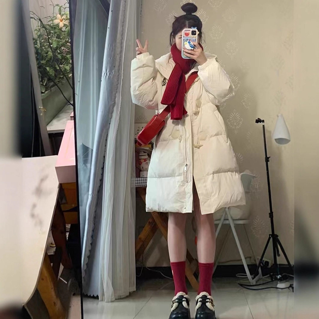 羽绒服女冬季2025新款牛角扣中长款白黑色学院风小个子甜美外套潮