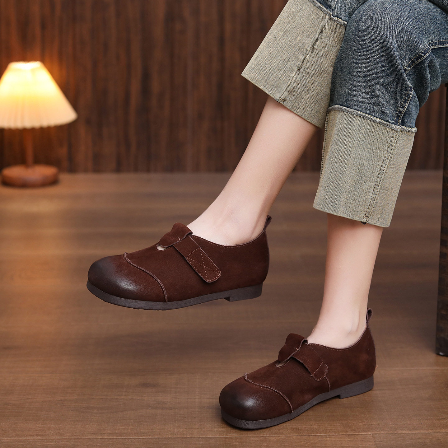 头层牛皮单鞋女2026春季新款复古平底圆头透气百搭舒适勃肯鞋外穿