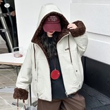 女童2025年冬季新款英文字母连帽羊驼绒两面穿棉外套女孩加绒棉服，童装棉衣，祺儿童装