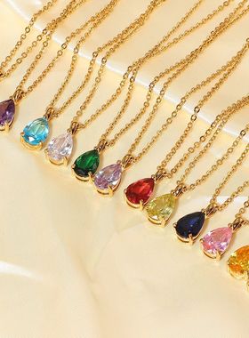 欧美INS风新款项链18K镀金十二月份锆石不锈钢吊坠不掉色钛钢项链