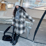 女童2025冬季新款韩系拼色格子连帽呢子大衣女大童中长款韩感上衣，童装外套，祺儿童装