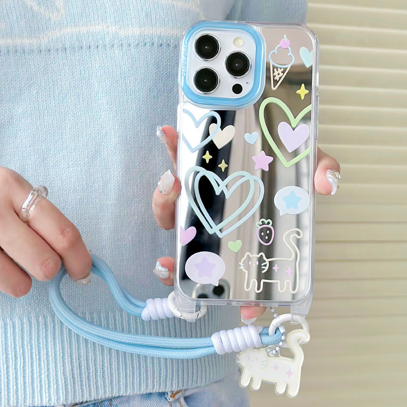 ins蓝色猫咪手提短绳苹果16镜面