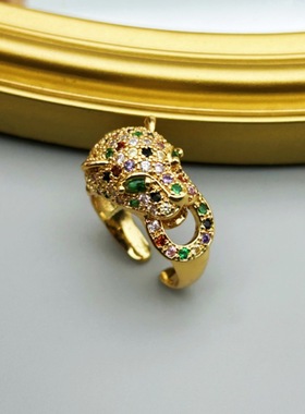 蜡镶彩锆猎豹开口可调节戒指