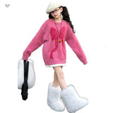 女童水貂绒毛衣2025年秋冬新款中大童韩系蝴蝶结针织衫软糯打底衫，童装毛衣，祺儿童装