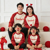 亲子装 一家三口四口秋冬女童百搭简约字母撞色卫衣母女母子装