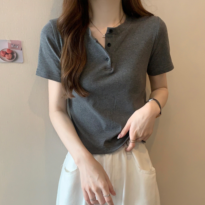 2025纯色短款t恤衫女纯棉莫尔螺纹修身显瘦露脐圆领辣妹上衣女