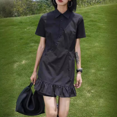 2025新款polo领连衣裙夏薄款设计感小众原创小黑裙衬衫连衣裙子女
