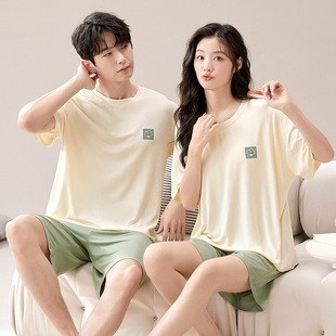 大码 短裤 休闲一一女凉感家居服 带胸垫短袖 莫尔情侣睡衣女夏季