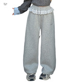 女童加绒长裤2025年秋冬新款蕾丝花边腰口直筒裤中大童休闲阔腿裤，童装裤子，祺儿童装
