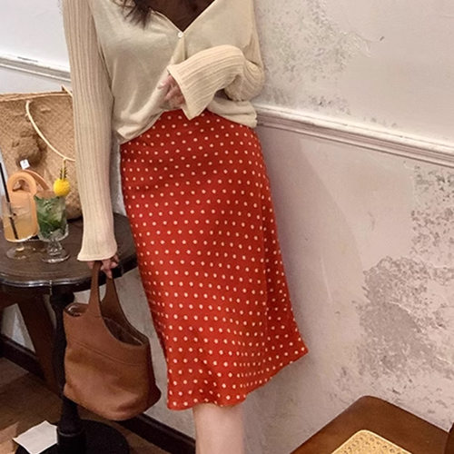 现货Echo克里特的夏日桑蚕丝小花斜裁鱼尾半身裙女港风复古波点裙