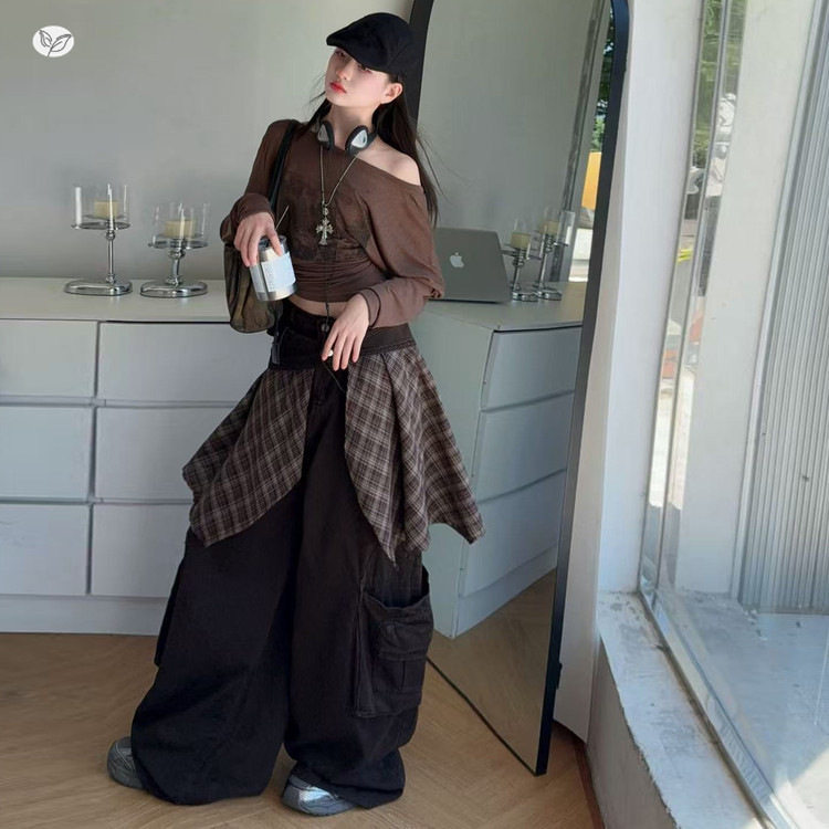 女童美式复古屁帘工装裤套装秋装2025新款中大童T恤阔腿拖地裤潮,童装休闲套装,祺儿童装